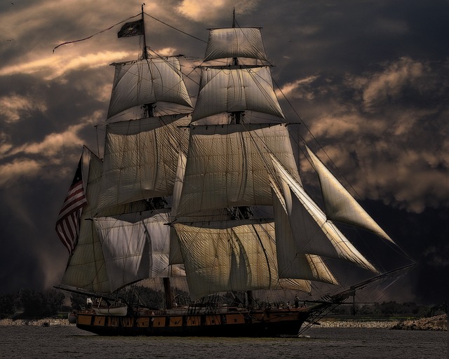 Historical illustration of a cat on a sailing ship, guarding cargo.